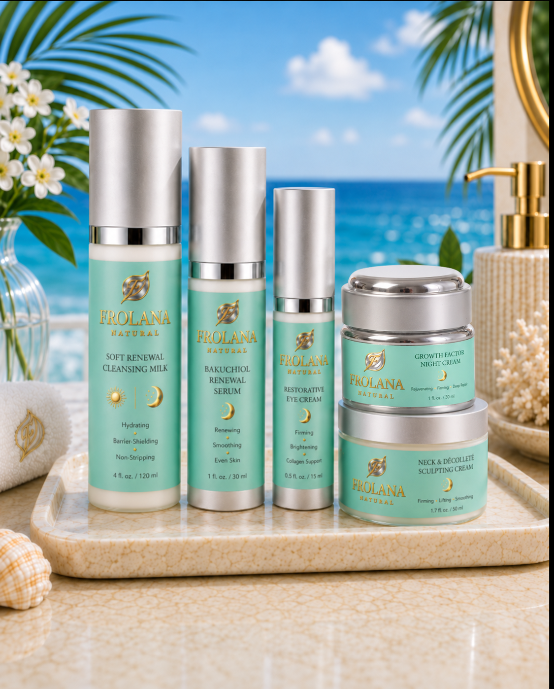 Frolana Natural evening skincare ingredients featuring bakuchiol, copper peptides, growth factors, squalane, and shea butter
