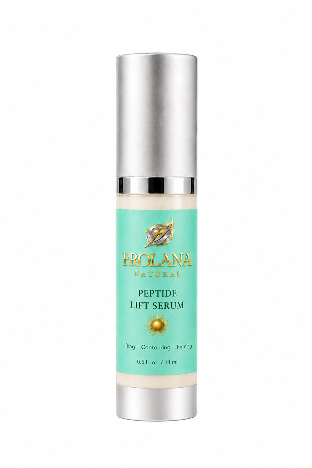 Frolana Natural Peptide Lift Serum for mature skin in a silver airless bottle with the signature Pearl Aqua label.