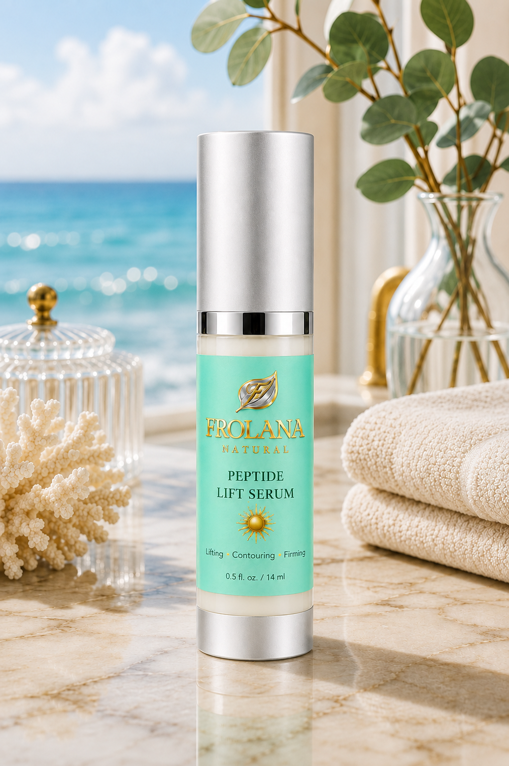 A bottle of Eulana Natural Peptide Lift Serum stands on a marble surface with a beach and ocean scene in the background, alongside folded towels, coral, and greenery.