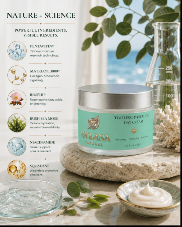 Frolana Natural Timeless Hydration Day Cream for mature skin beside cream texture and eucalyptus