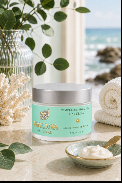 Frolana Natural Timeless Hydration Day Cream for mature skin beside cream texture and eucalyptus