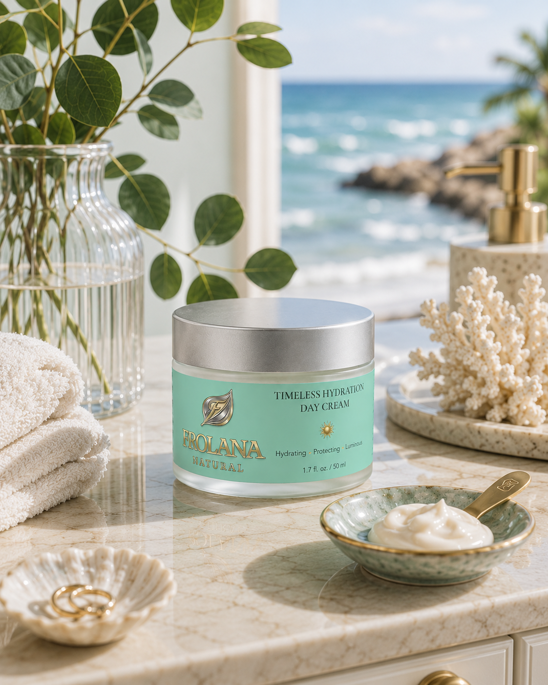 Frolana Natural Timeless Hydration Day Cream in a bright daytime skincare setting for mature skin