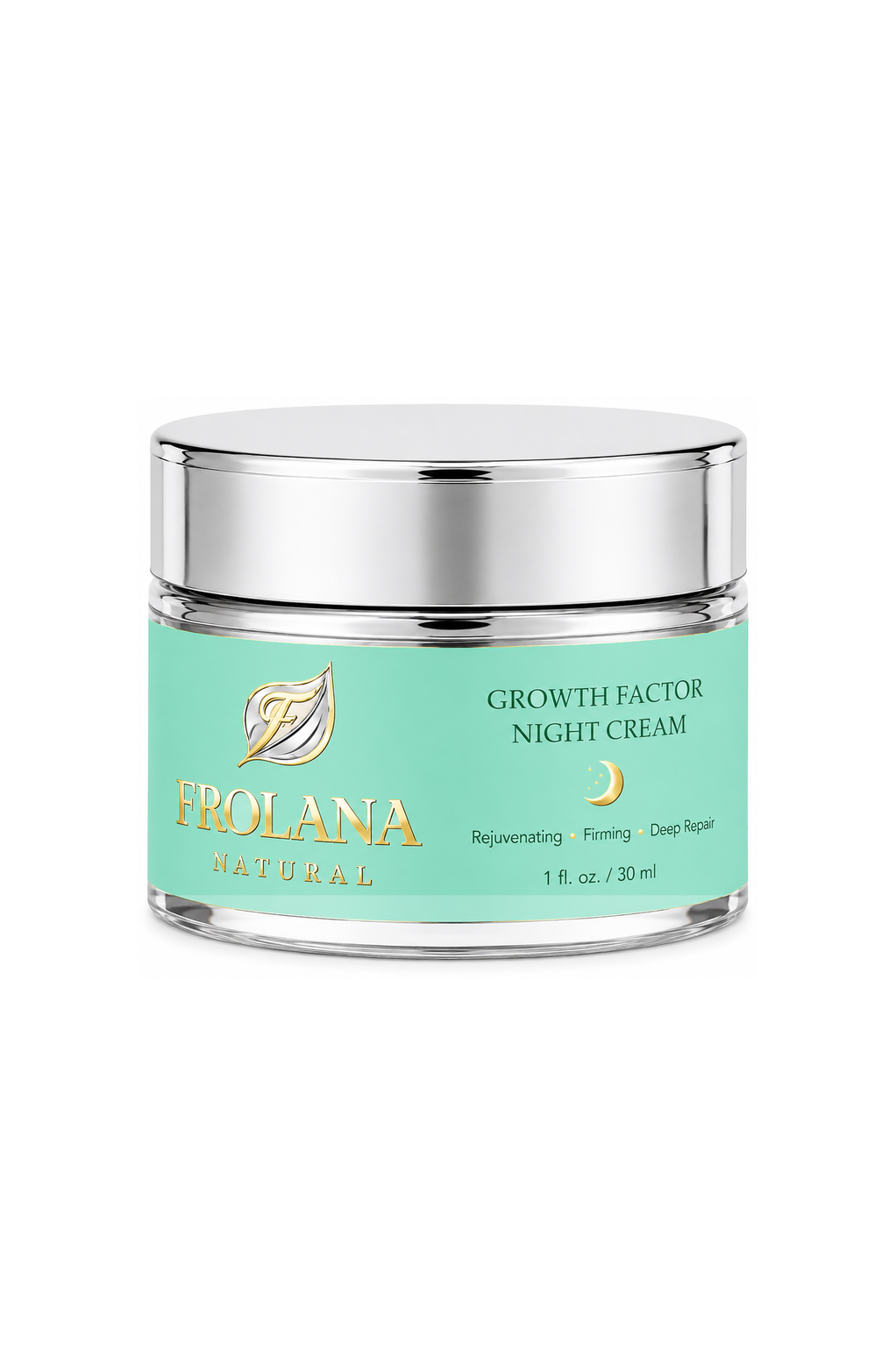 Frolana Natural Growth Factor Night Cream in a silver jar with Pearl Aqua label