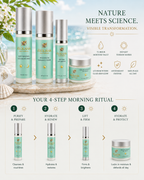 A 4-step morning skincare routine infographic for Frolana Natural titled 'Nature Meets Science. Visible Transformation.' The graphic displays a premium set of frosted glass, aqua-tinted bottles with champagne metallic pumps arranged elegantly on a textured beach sand background. The bottom half maps out the 'Your 4-Step Morning Ritual' layout sequentially: 1. Purify & Prepare (Soft Renewal Cleansing Milk), 2. Hydrate & Renew (Wild Plum Radiance Toner), 3. Lift & Firm (Peptide Lift Serum), and 4. Hydrate & P