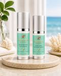 Frolana Natural Ageless Eyes & Face Duo with Bakuchiol Renewal Serum and Restorative Eye Cream on a coastal marble tray