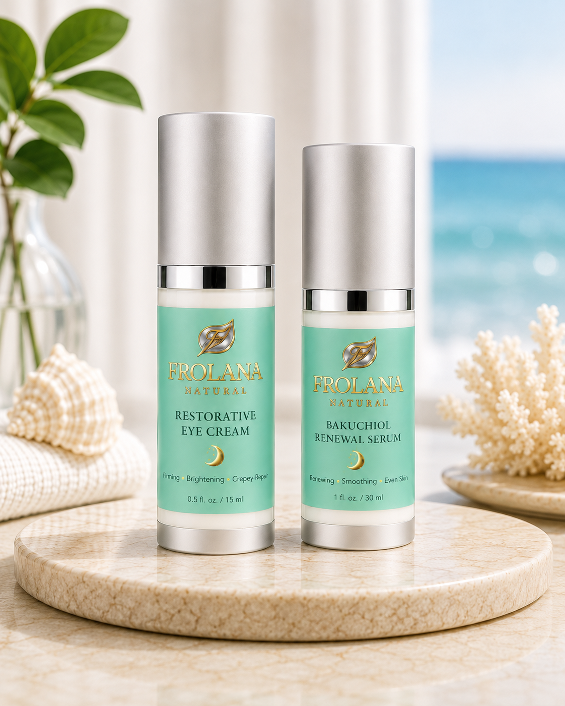 Frolana Natural Ageless Eyes & Face Duo with Bakuchiol Renewal Serum and Restorative Eye Cream on a coastal marble tray