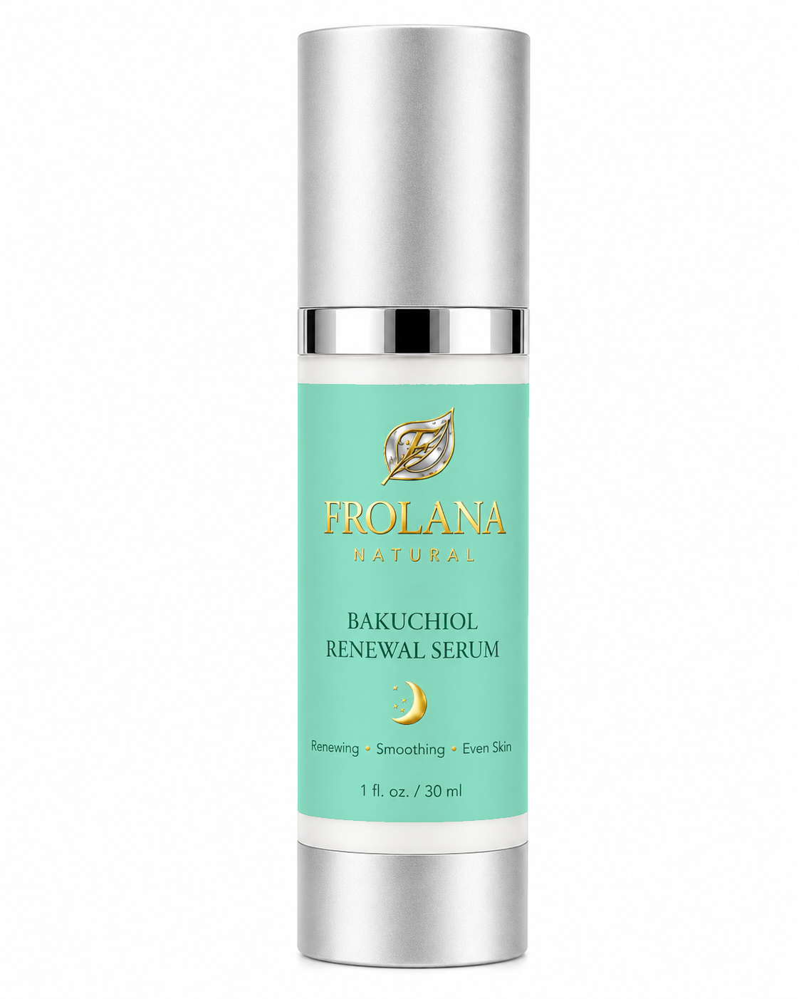 Frolana Natural Bakuchiol Renewal Serum, 30 ml, with Pearl Aqua label and silver airless pump