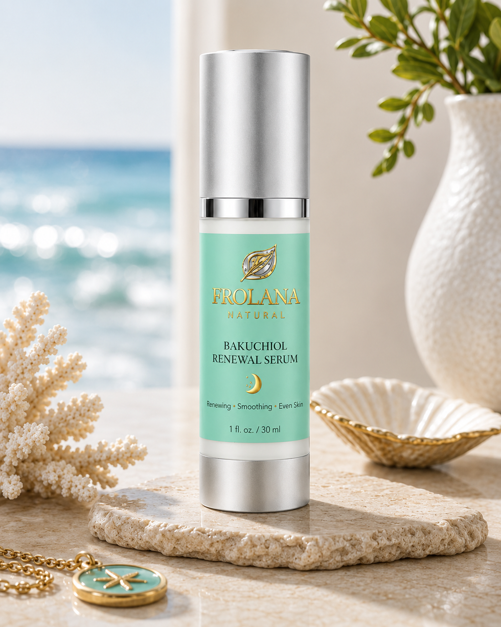 Frolana Natural Bakuchiol Renewal Serum in a coastal evening skincare setting