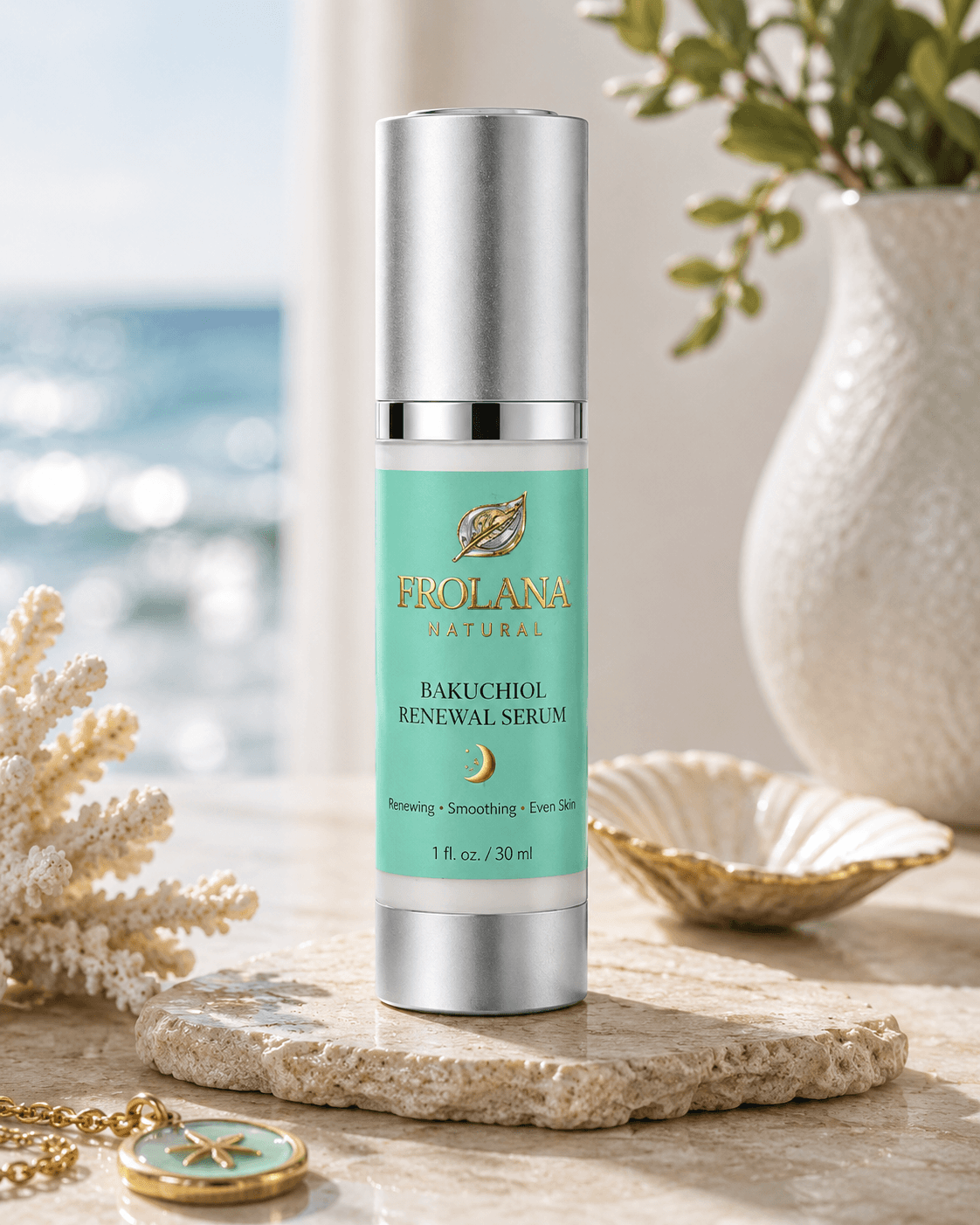 Frolana Natural Bakuchiol Renewal Serum for mature skin, displayed on a stone slab in a coastal setting with decorative coral.