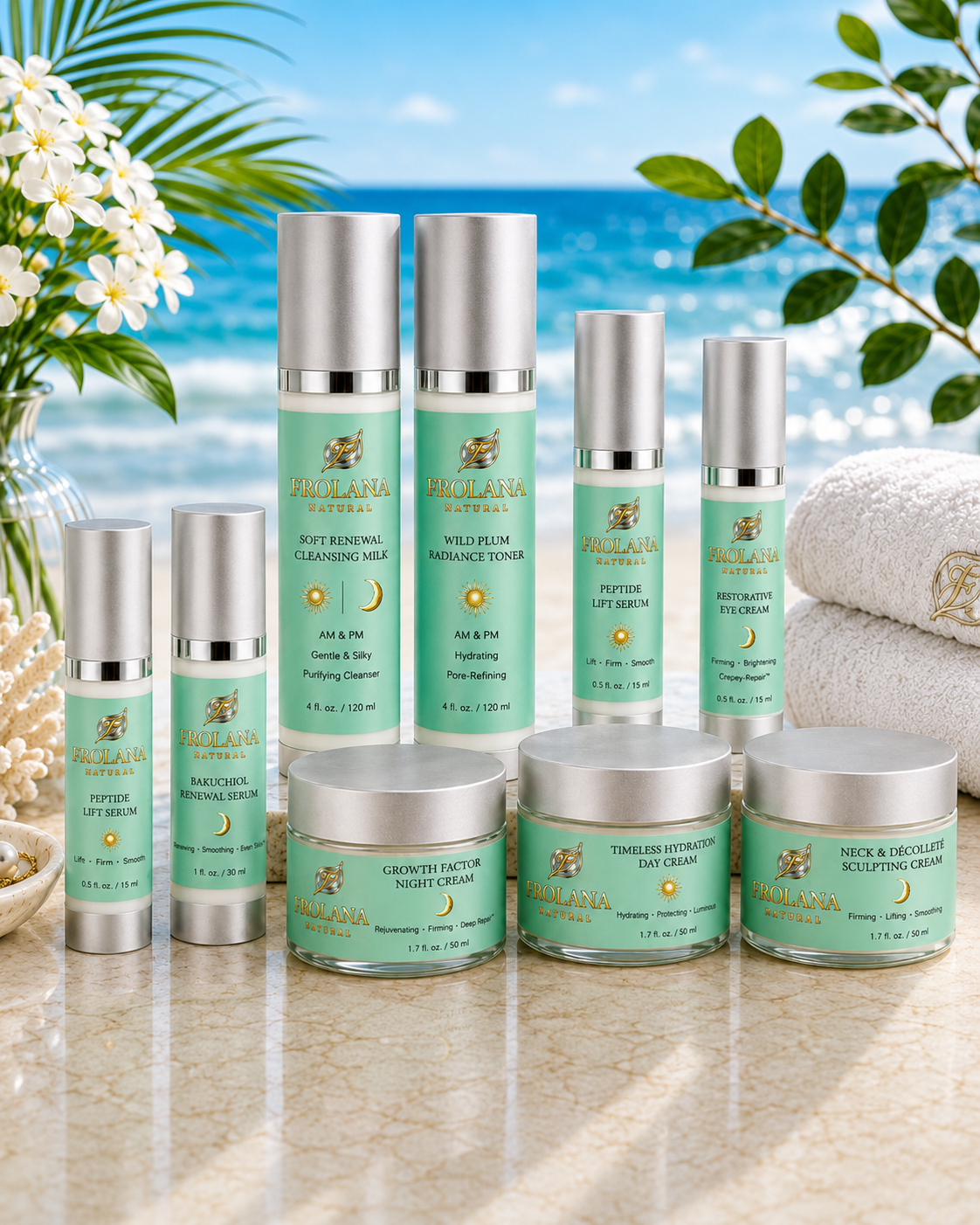 Frolana Natural complete 8-piece skincare set for mature skin, featuring pearl aqua bottles and frosted glass jars displayed on a marble surface with a coastal background.