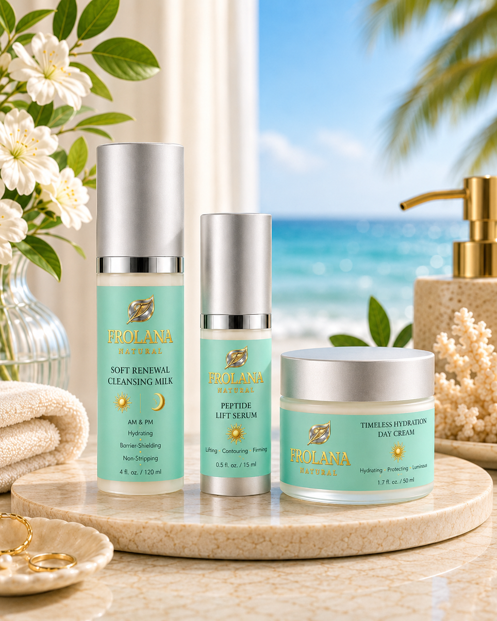 Frolana Natural Daily Essentials Routine with cleansing milk, peptide serum, and day cream on a coastal marble tray