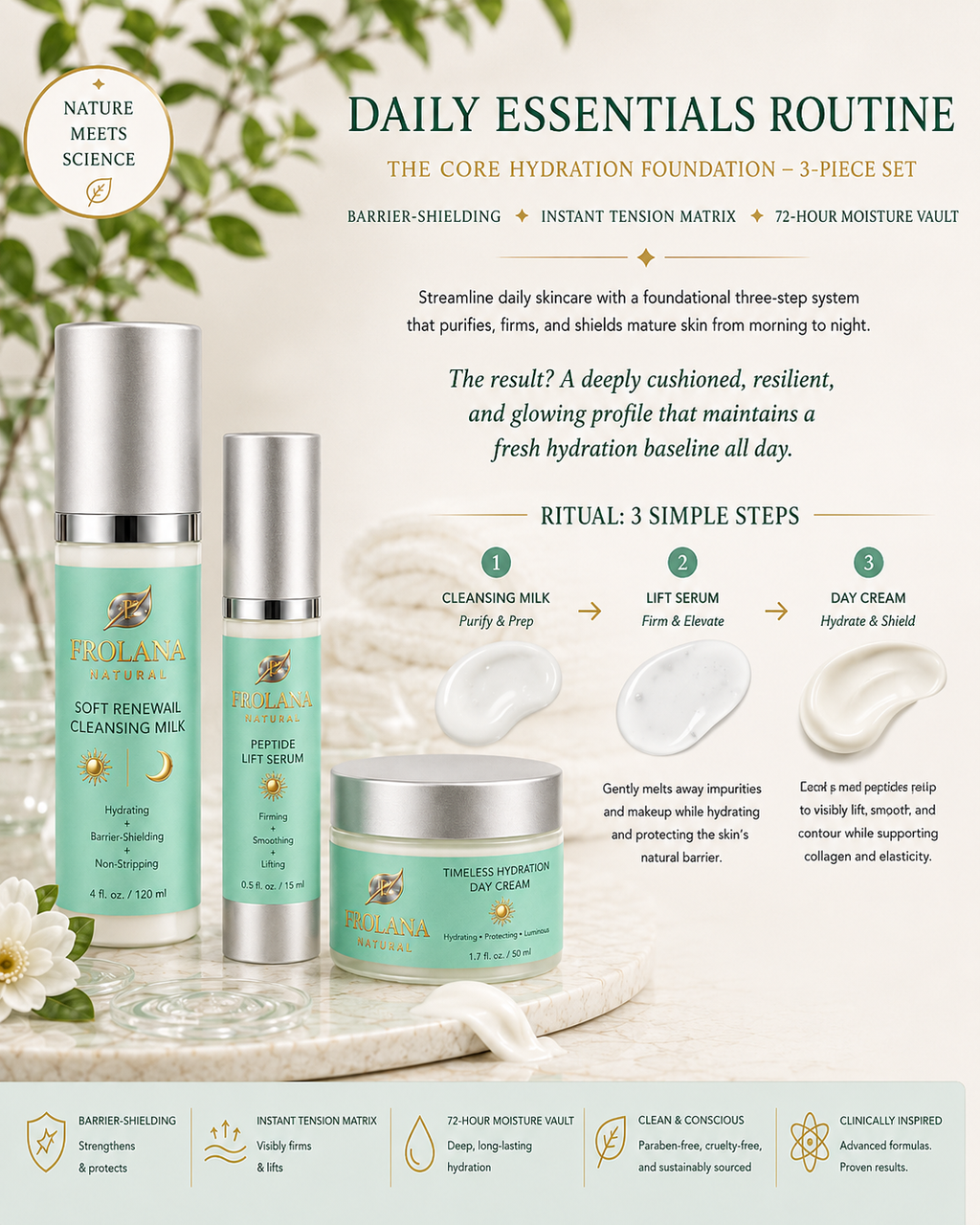 Frolana Natural Daily Essentials Routine three-product morning skincare ritual for mature skin