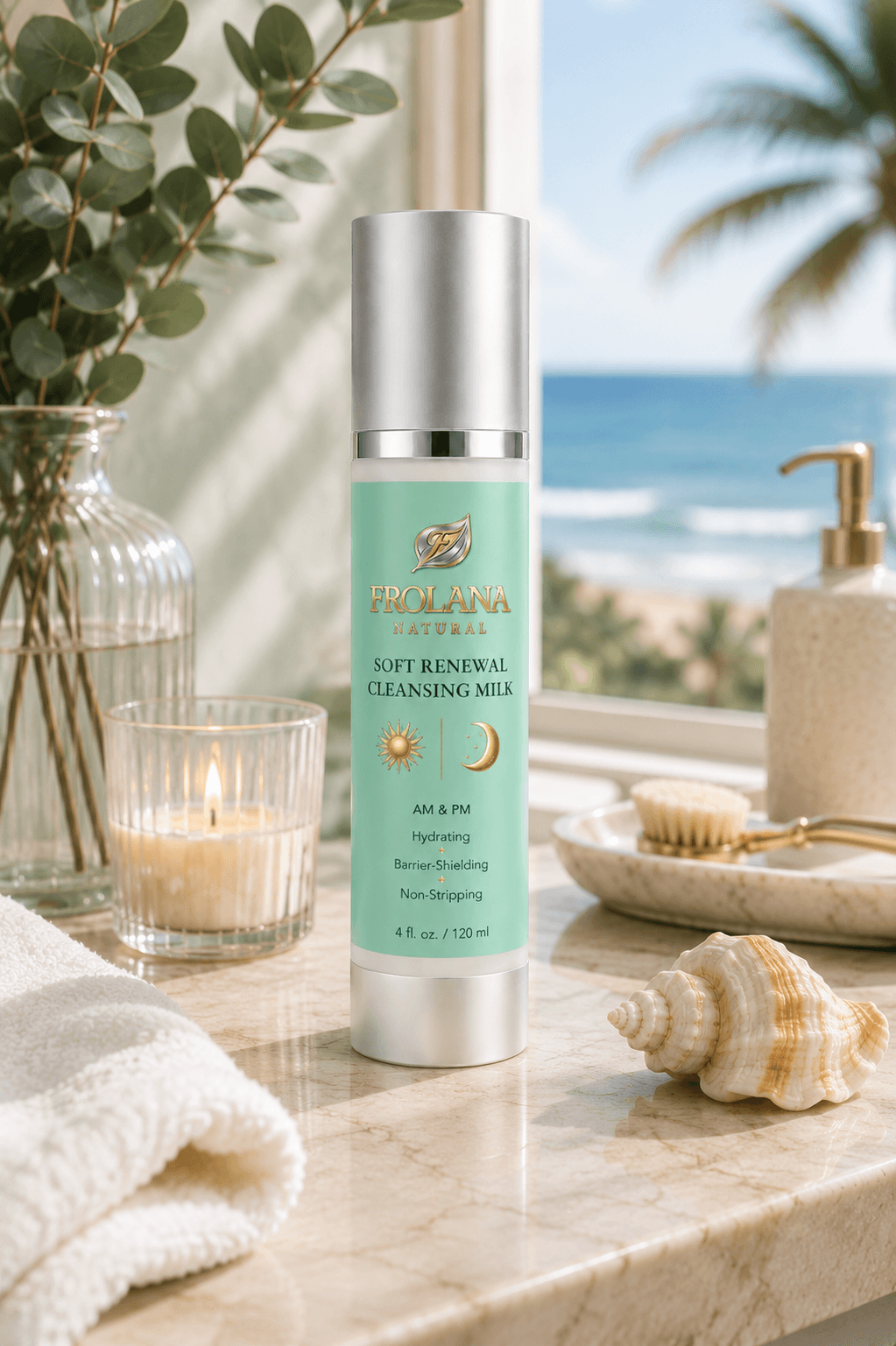 Frolana Natural Soft Renewal Cleansing Milk on a coastal bathroom vanity