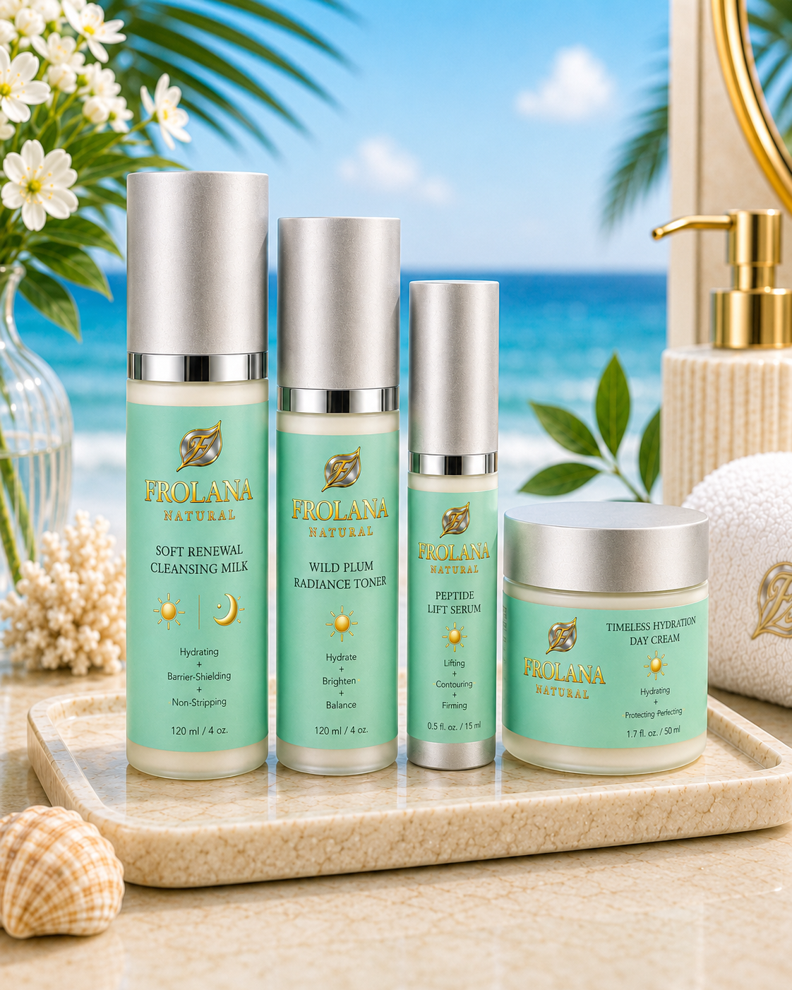 Four Frolana Natural skincare products from the Daytime Architect "Morning Ritual" set arranged elegantly on a textured beige tray. The premium collection features frosted glass and aqua-tinted bottles with champagne metallic pumps, including Soft Renewal Cleansing Milk, Wild Plum Radiance Toner, Peptide Lift Serum, and Timeless Hydration Day Cream, set against a bright, tropical beach background with soft sand and palm leaves.