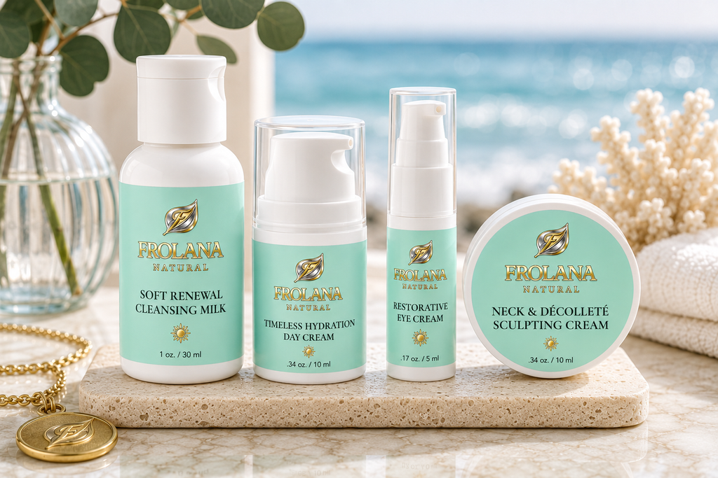 Complete Frolana Natural Discovery Kit on a coastal stone tray with ocean background