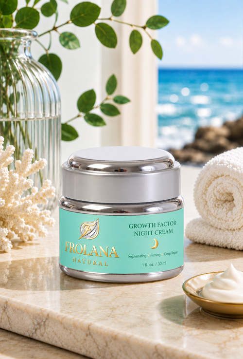 Frolana Natural Growth Factor Night Cream for mature skin in a serene evening skincare setting