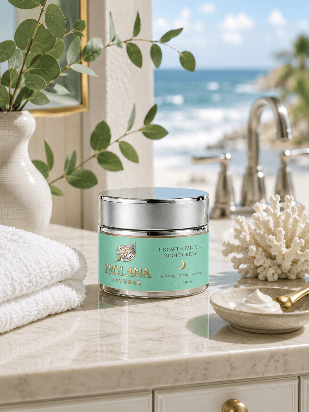 Frolana Natural Growth Factor Night Cream for mature skin, displayed on a marble vanity in a coastal setting with folded white towels, decorative coral, and an ocean view.