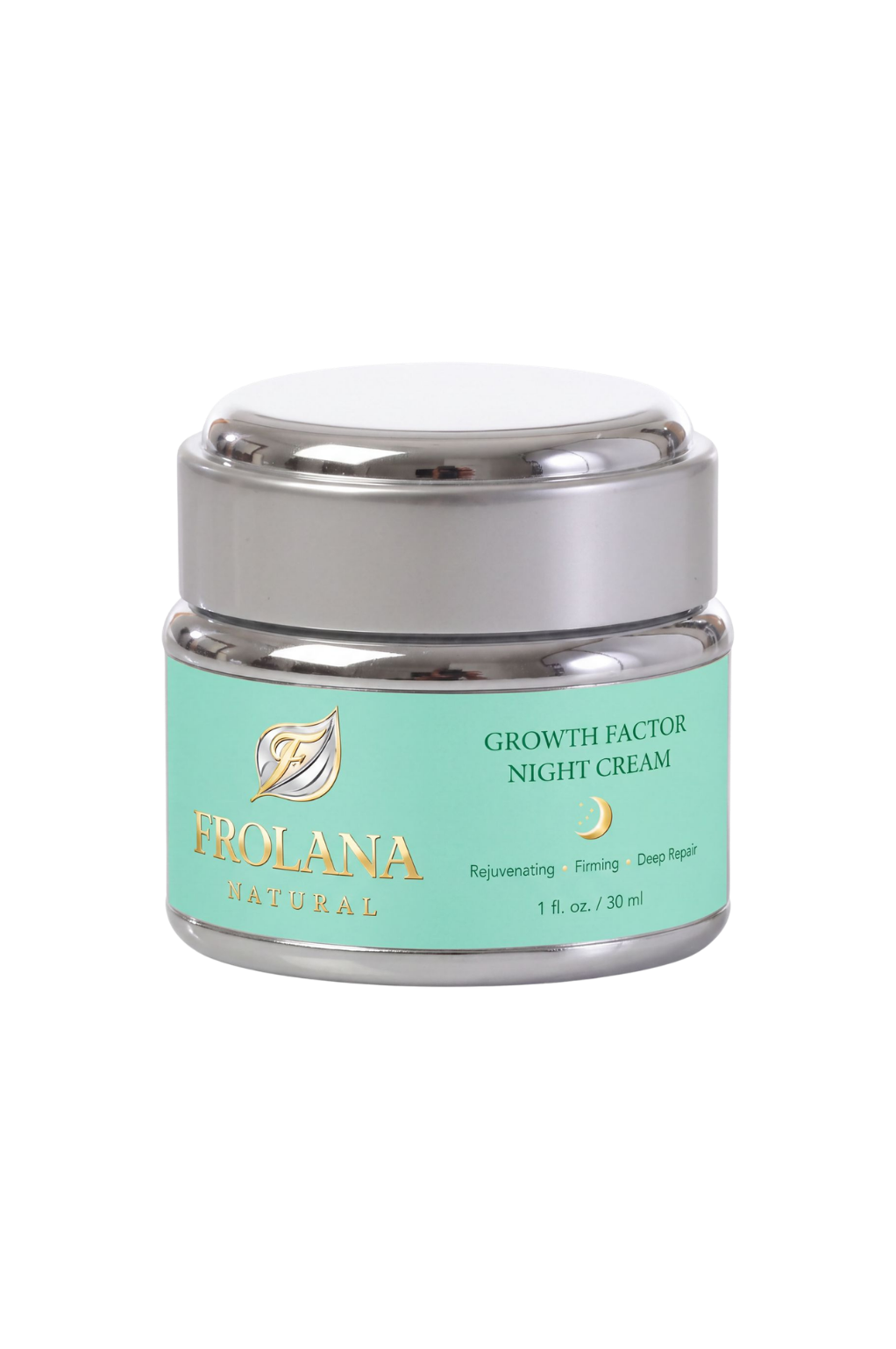Frolana Natural Growth Factor Night Cream for mature skin in silver jar with Pearl Aqua label