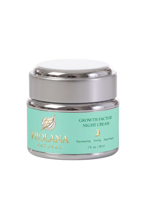 Frolana Natural Growth Factor Night Cream for mature skin in silver jar with Pearl Aqua label