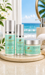 Frolana Natural Lift & Firm Trio with Bakuchiol Renewal Serum, Restorative Eye Cream, and Neck & Décolleté Sculpting Cream on a coastal marble tray