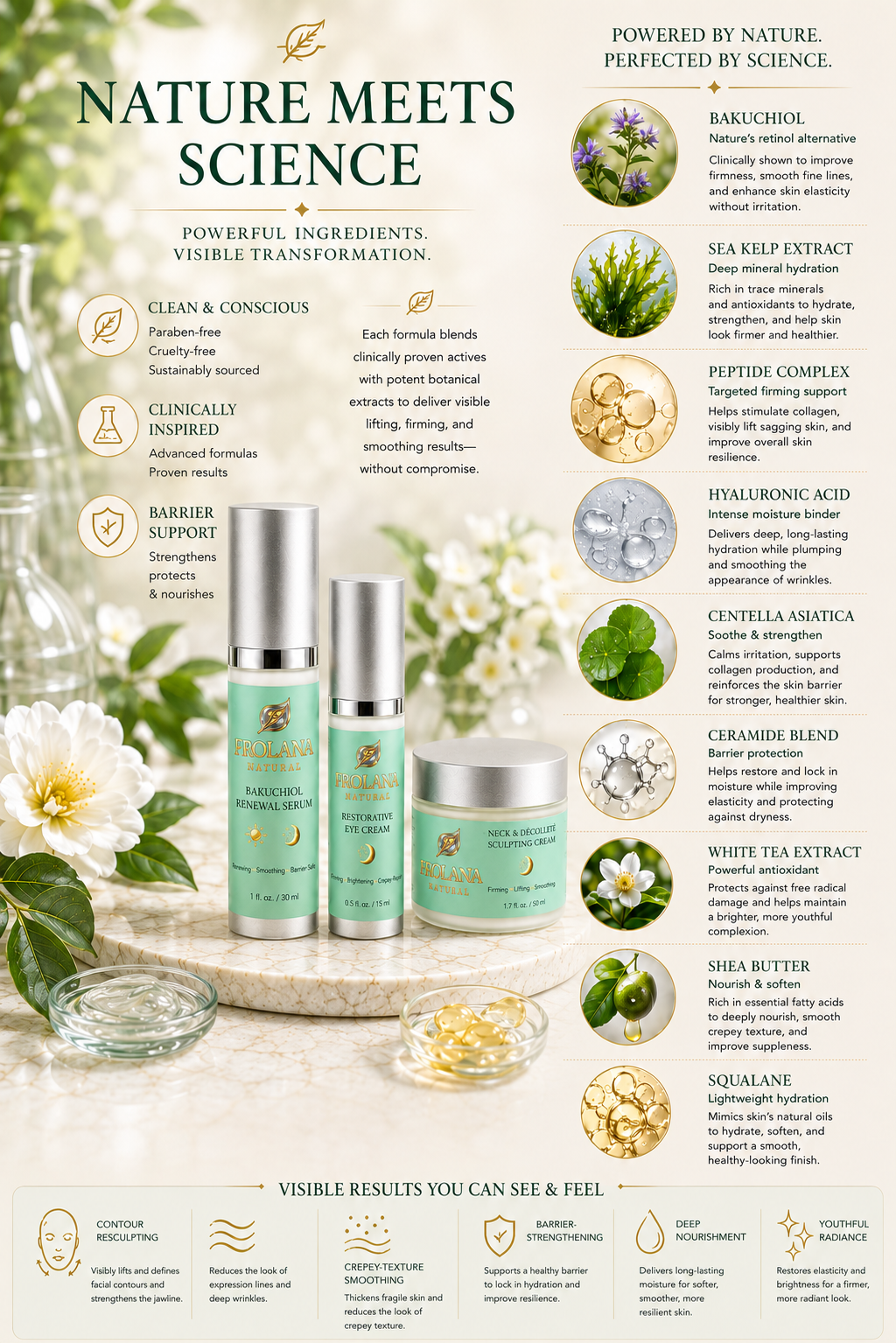 Frolana Natural Lift & Firm Trio with Bakuchiol, Copper Peptides, Haloxyl, Volufiline, Majestem, and Sacha Inchi Peptides