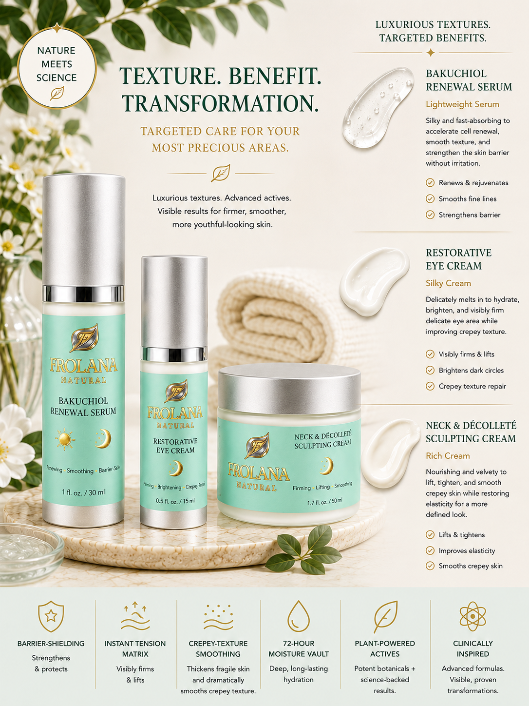 Frolana Natural Lift & Firm Trio visible benefits for firming support, softer-looking lines, and crepey-texture smoothing