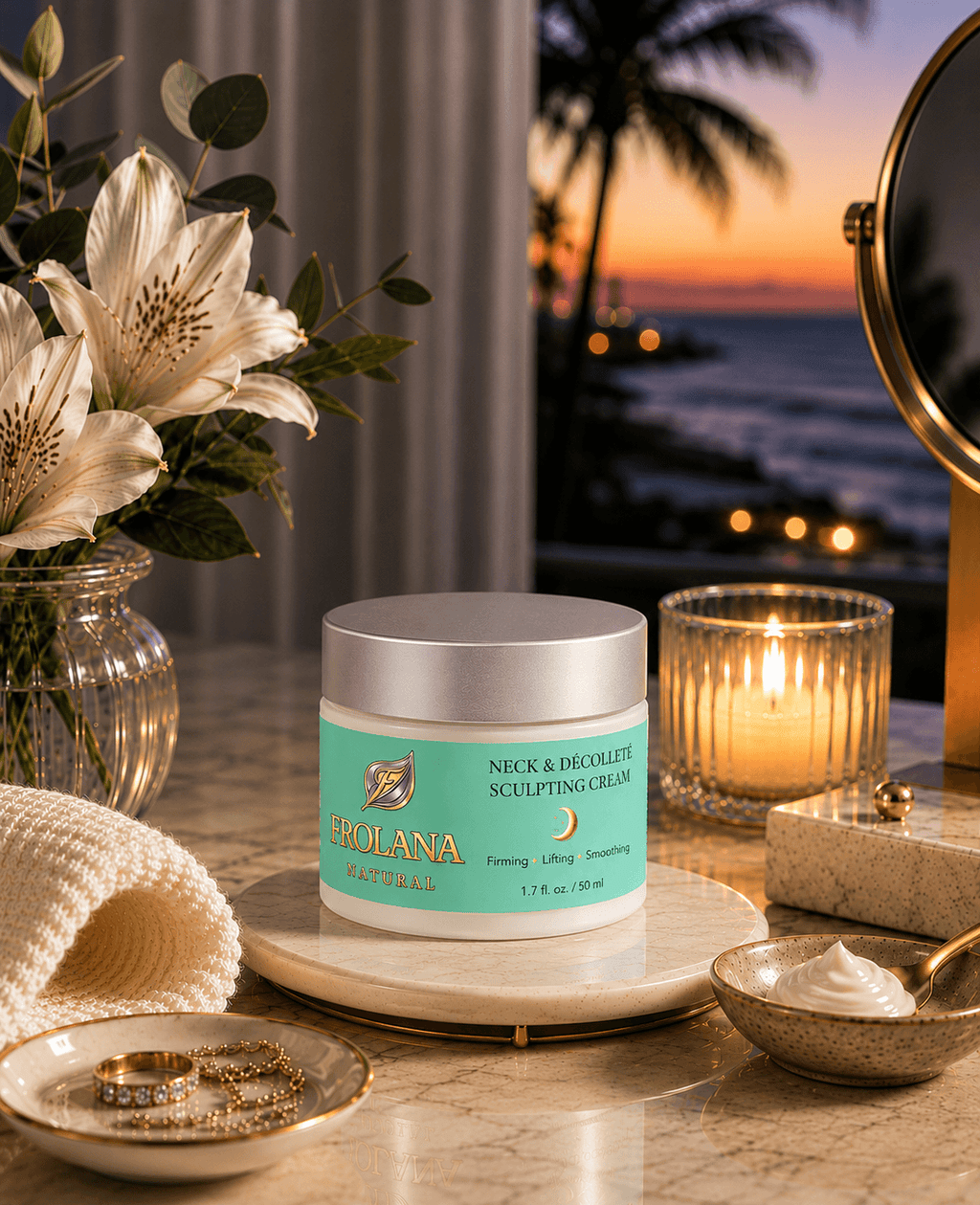 An elegant jar of Frolana Natural Neck & Décolleté Sculpting Cream on a white stone vanity tray. The glass cosmetic jar features a soft teal label and sits alongside a small dish of the cream, a lit candle, fresh white lilies, and jewelry, with a sunset over a tropical ocean beach in the background.
