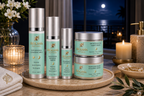 A 5-piece luxury evening skincare collection from Frolana Natural arranged on a round textured tray. The premium white airless bottles and elegant glass jars with soft teal labels are displayed next to a glowing candle and fresh white flowers on a ledge, set against a serene, moonlit tropical ocean beach at night.