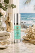 Frolana Natural Peptide Lift Serum for mature skin, displayed on a marble vanity in a coastal setting with gold jewelry, coral, and an ocean view.