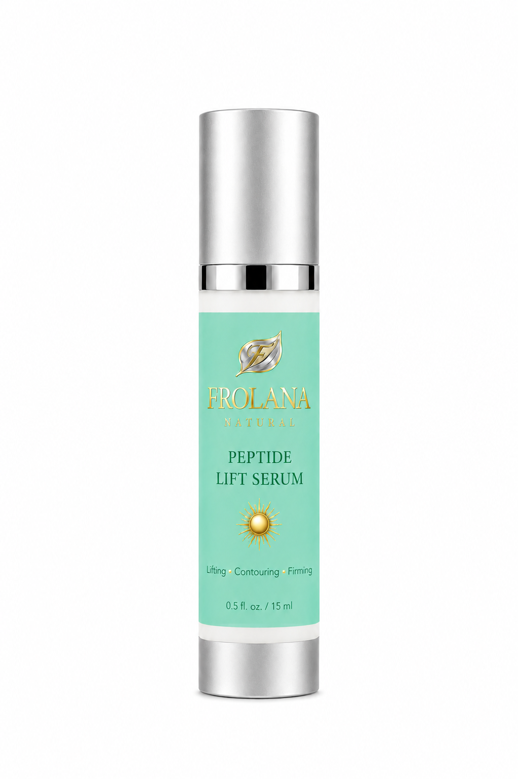 Frolana Natural Peptide Lift Serum, 0.5 fl. oz., with Pearl Aqua label and silver airless pump