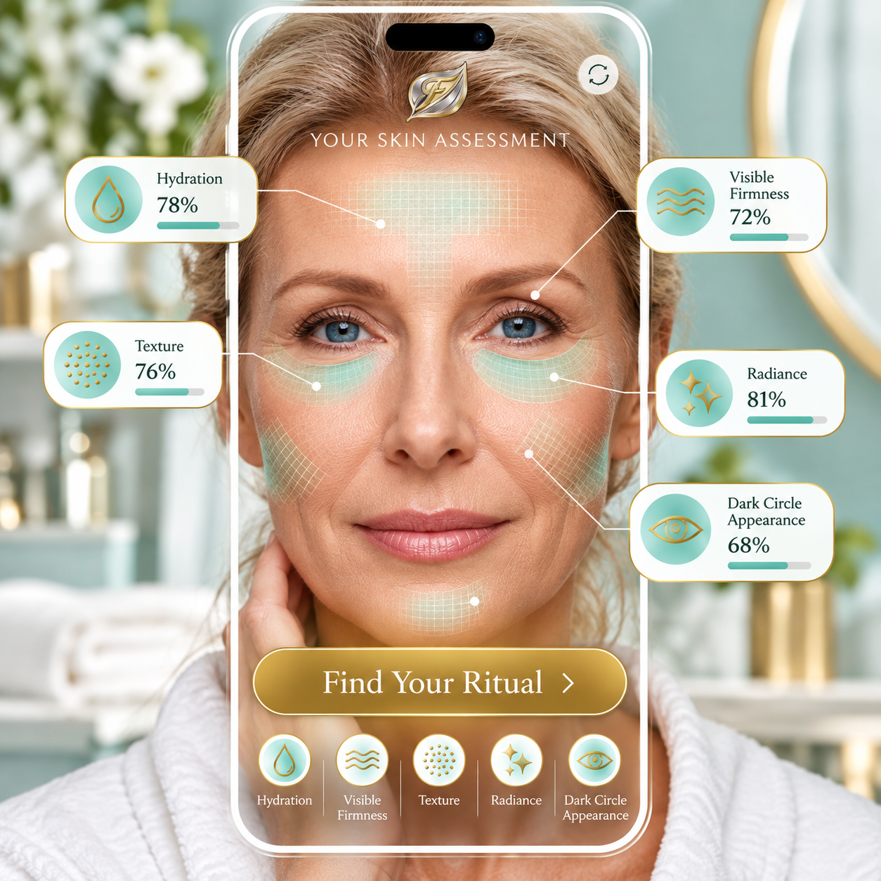 Frolana Natural skin assessment for mature skin showing hydration, visible firmness, texture, radiance, and dark circle appearance with Find Your Ritual recommendations.
