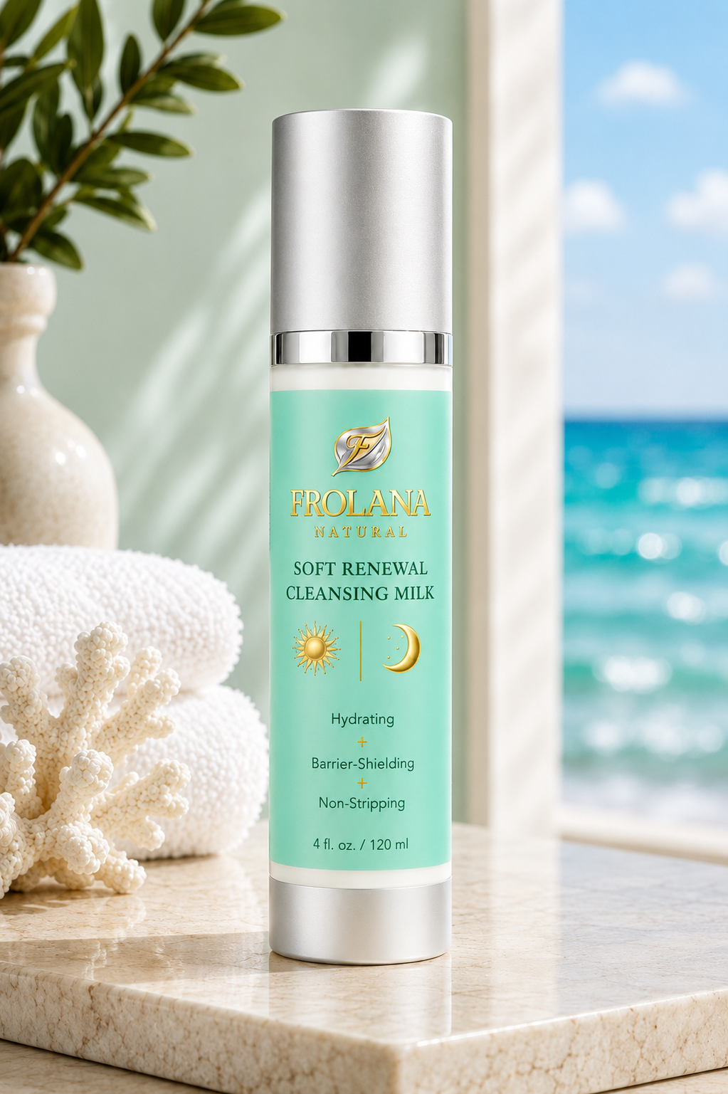 Frolana Natural Soft Renewal Cleansing Milk with Pearl Aqua label on a coastal marble ledge