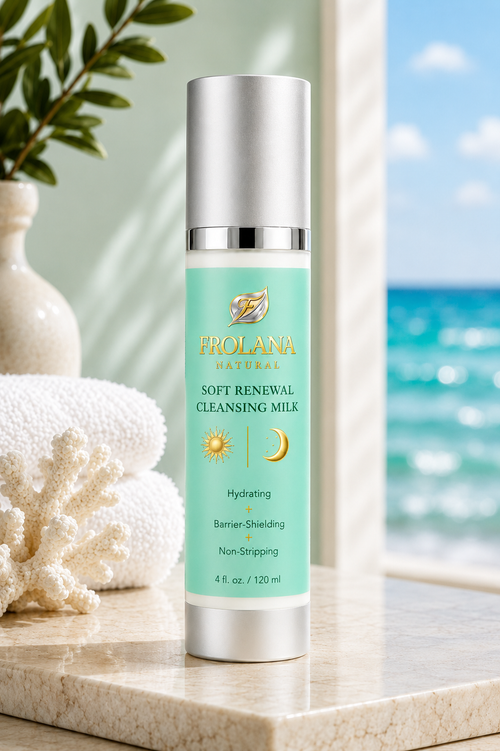 Frolana Natural Soft Renewal Cleansing Milk with Pearl Aqua label on a coastal marble ledge
