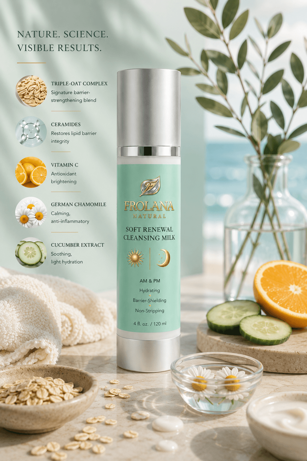 Infographic detailing the natural ingredients of Frolana Natural Soft Renewal Cleansing Milk—including oats, ceramides, and vitamin C—featuring a pearl aqua bottle.