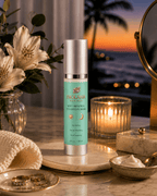 A premium bottle of Frolana Natural Soft Renewal Cleansing Milk displayed on a stone vanity tray. The white airless bottle features a soft teal label and sits alongside a small ceramic bowl of the product, a glowing candle, and fresh white flowers, set against a sunset over a tropical ocean beach.