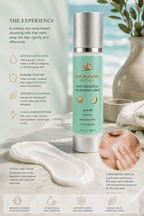 Infographic detailing the skincare benefits and velvet-soft texture of Frolana Natural Soft Renewal Cleansing Milk, featuring a pearl aqua bottle and barrier support callouts for 40+ skin.