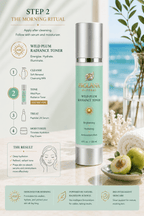 Infographic detailing the step-by-step AM morning ritual for Frolana Natural Wild Plum Radiance Toner, featuring a pearl aqua bottle and bio-intelligent skincare instructions for 40+ skin.