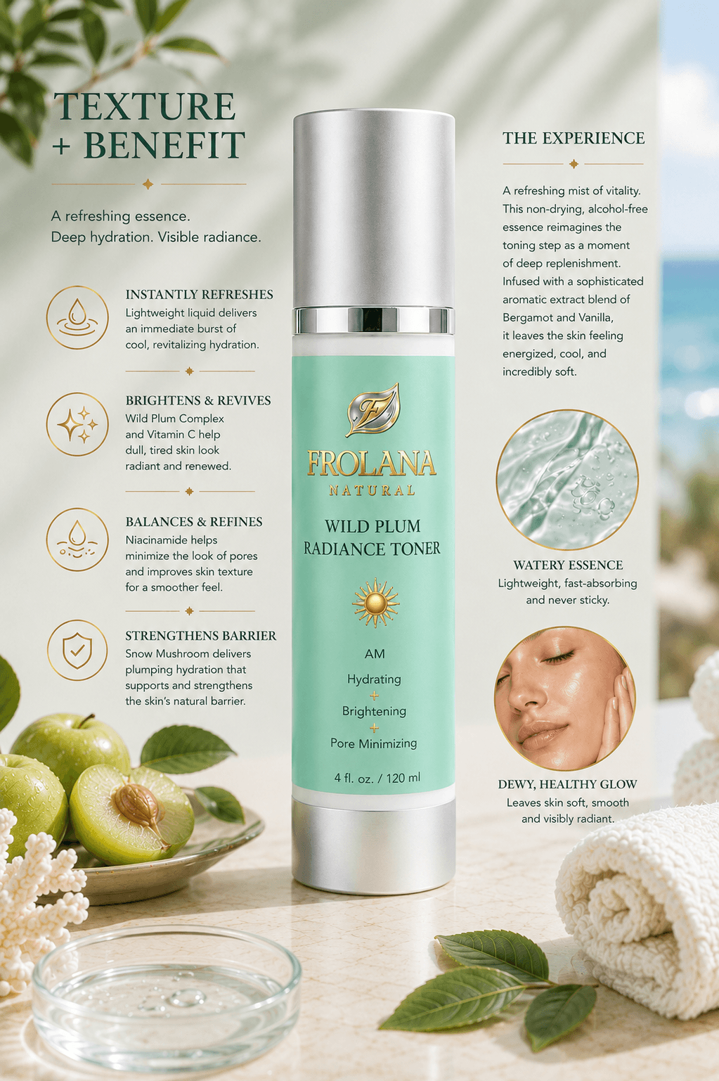 Infographic detailing the texture and benefits of Frolana Natural Wild Plum Radiance Toner, featuring a pearl aqua bottle, green plums, and hydration callouts for 40+ skin.