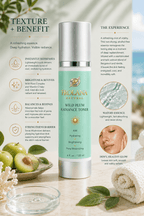 Infographic detailing the texture and benefits of Frolana Natural Wild Plum Radiance Toner, featuring a pearl aqua bottle, green plums, and hydration callouts for 40+ skin.