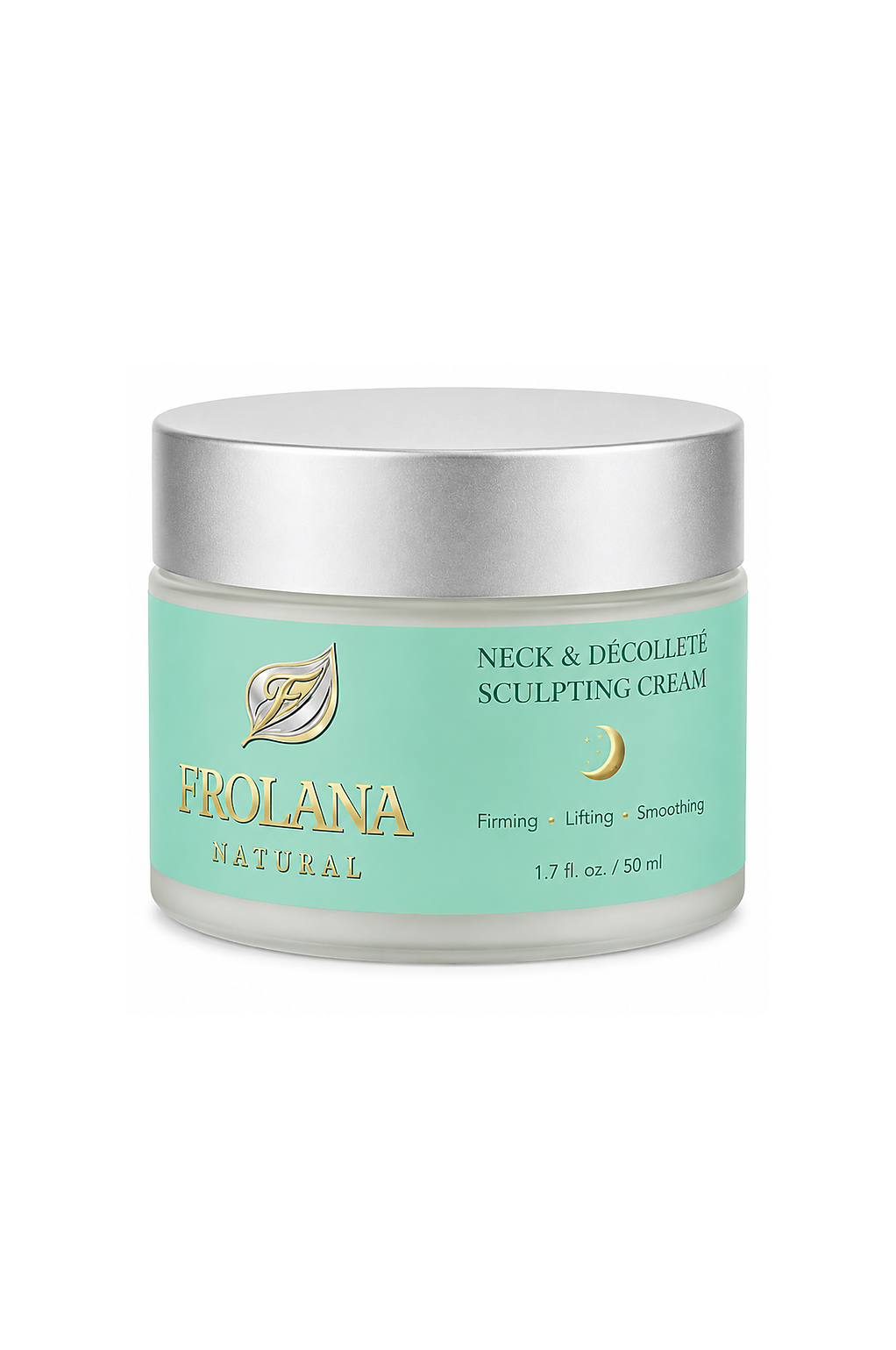 Frolana Natural Neck & Décolleté Sculpting Cream, 50 ml, with Pearl Aqua label and silver lid