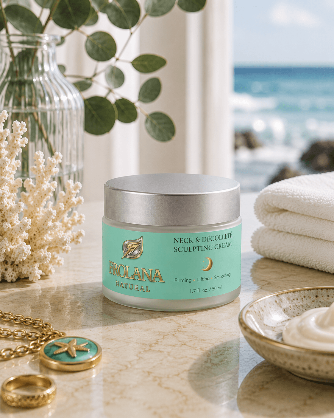 Frolana Natural Neck & Décolleté Sculpting Cream on a coastal vanity with ocean view, towels, eucalyptus, and cream texture