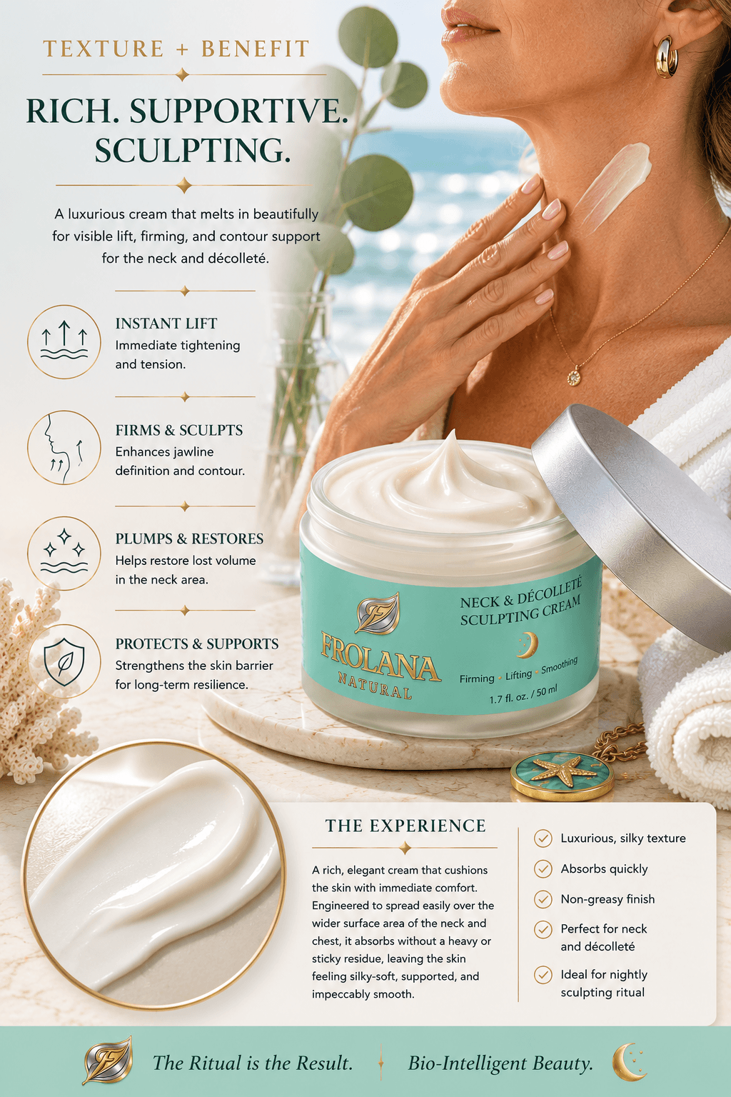 Frolana Natural Neck & Décolleté Sculpting Cream texture for crepey-looking mature skin