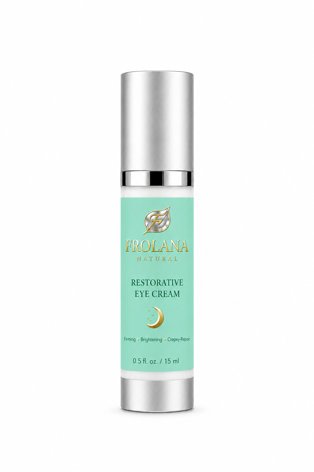 Frolana Natural Restorative Eye Cream, 15 ml, with Pearl Aqua label and silver airless pump