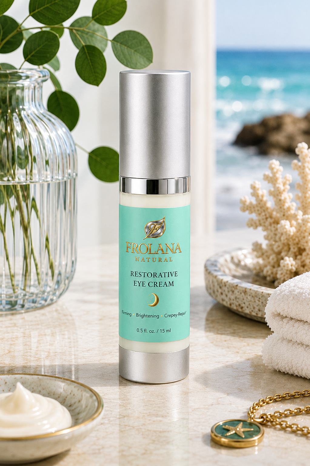 Frolana Restorative Eye Cream with Pearl Aqua label in a bright coastal skincare setting