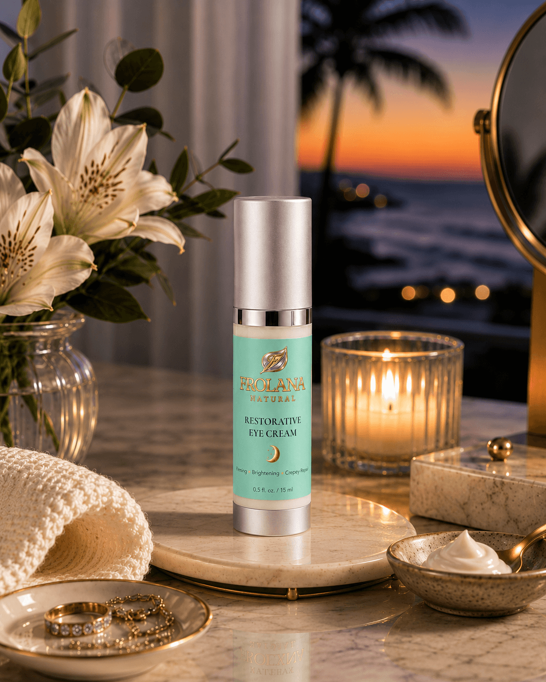 Frolana Restorative Eye Cream on an evening coastal vanity beside a candle, flowers, mirror, and cream texture