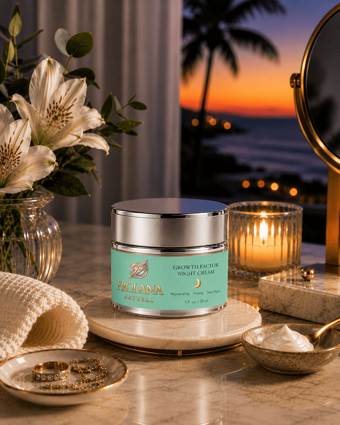Frolana Growth Factor Night Cream with Pearl Aqua label in a coastal setting