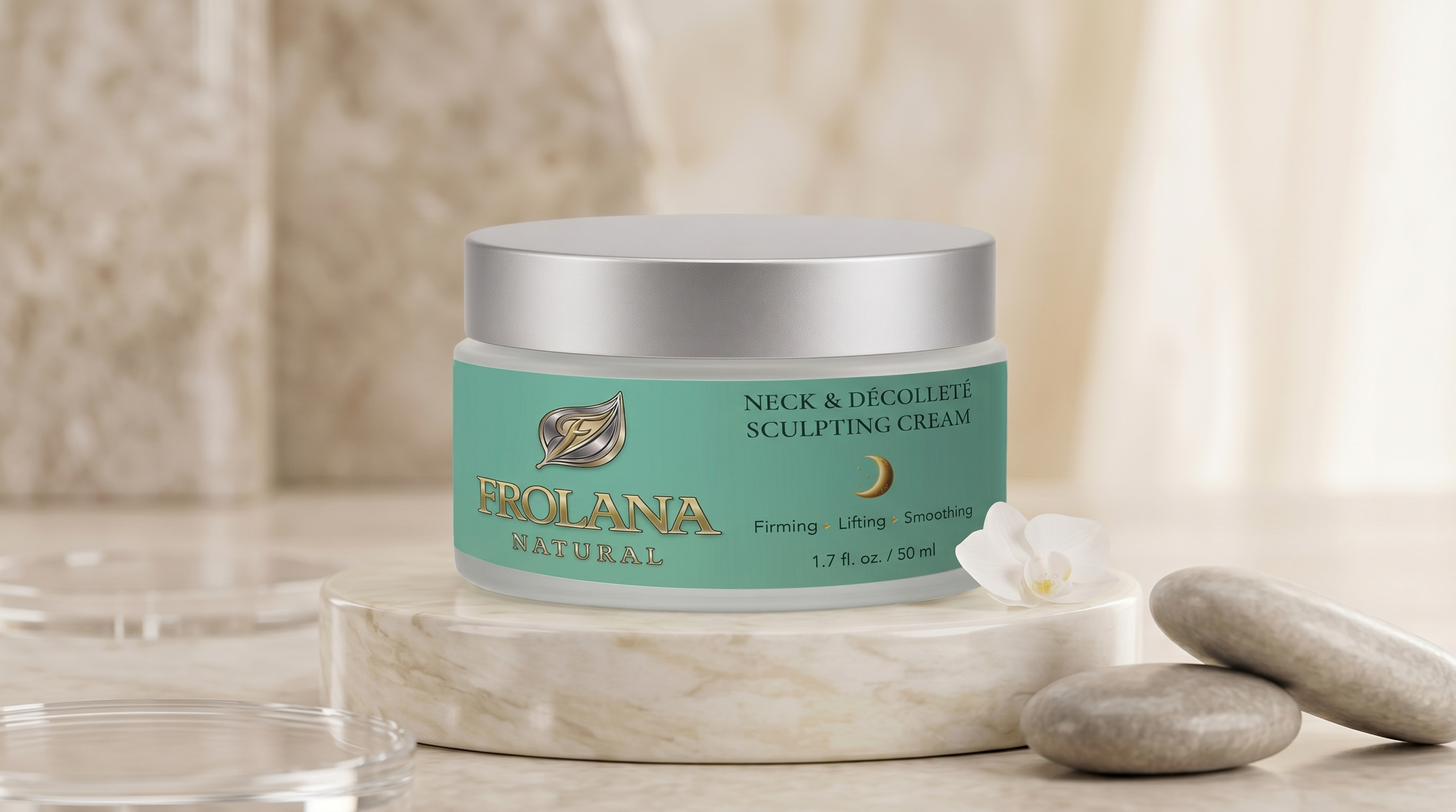 Frolana Natural neck and décolleté cream formulated to deeply hydrate, firm, and smooth skin while improving elasticity and promoting a lifted, youthful appearance.