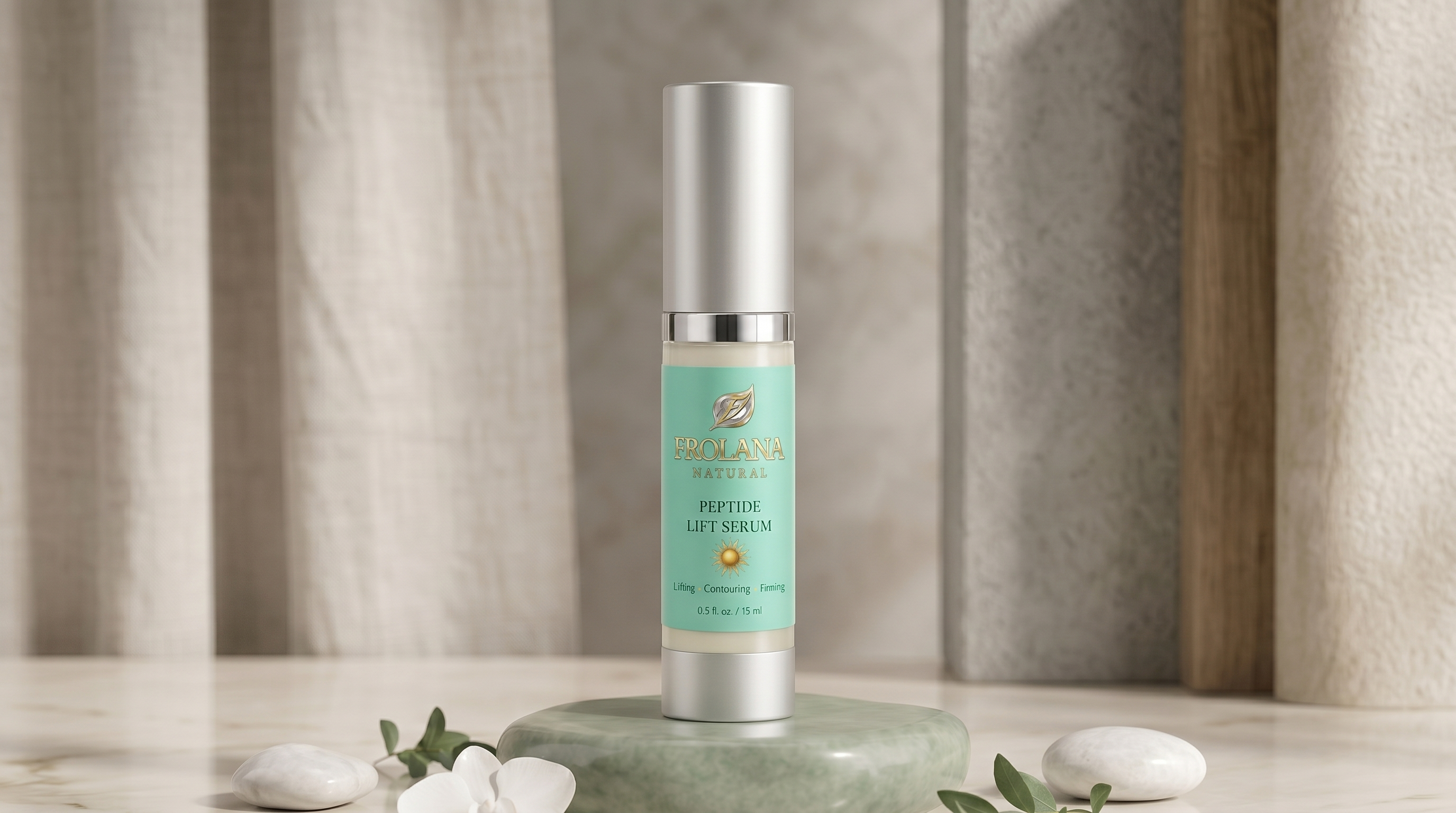 Peptide-powered lifting serum from Frolana Natural designed to firm, brighten, and support youthful-looking skin with a silky, lightweight texture.