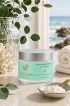 Frolana Timeless Hydration Day Cream with Pearl Aqua label beside cream texture and eucalyptus